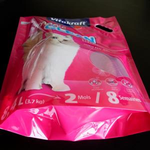 Plastic stand up emballagesæk til kæledyrsfoder med håndtag