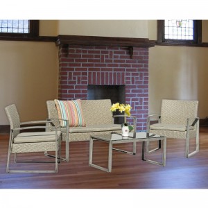 4 stk udendørs samtale sæt gårdhave have pool græsplæne rotting kurv Loveseat sofa polstret sæde og glas top sofabord møbelsæt