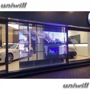 Høj kvalitet Producent fuld farve gennemsigtig LED-skærm / P3.91 vinduesglasnet led skærm