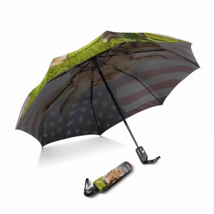 Bærbar, vindtæt brugerdefineret udskrivning med 2 sektioner glasfiber ribben åbner og lukker 3 fold paraply
