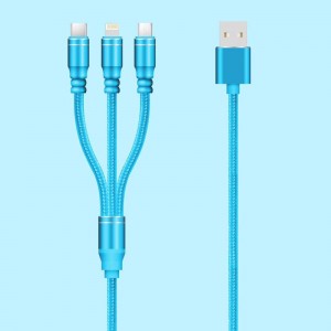 3 IN 1 Flettet kabel Opladning Rundt aluminiumshus USB 2.0 Micro til lyn Type C mikro USB-datakabel