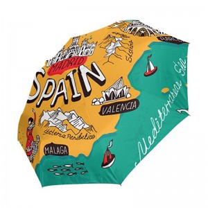 Vindtæt brugerdefineret udskrivning pongee stof 2 sektions glasfiber ribben automatisk 3 foldbar paraply