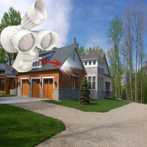 LED udendørs flodsikkerhedslys med bevægelsessensor, 30W, 3 hoved, hvid, bevægelseslys