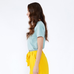 Seneste kjole Overdele T-shirt løs bluse Lady sommer Basic stil V-hals Spandex pebermynte grøn kortærmet