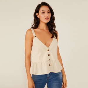 Sommer Devep V Piger Sexet ærmeløs Topmodedesign Hvid ærmeløs skjorte Dame Bluse