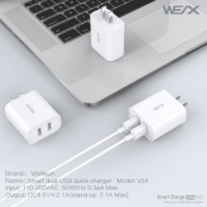 WEX - V24 dobbelt usb rejselader, væg oplader, strømadapter