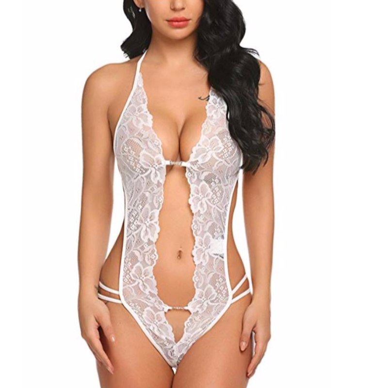 Sexede kvinder Deep V Teddies Lingeri Lace Babydoll Mini Bodysuit i hvid rødgrøn rose-hold