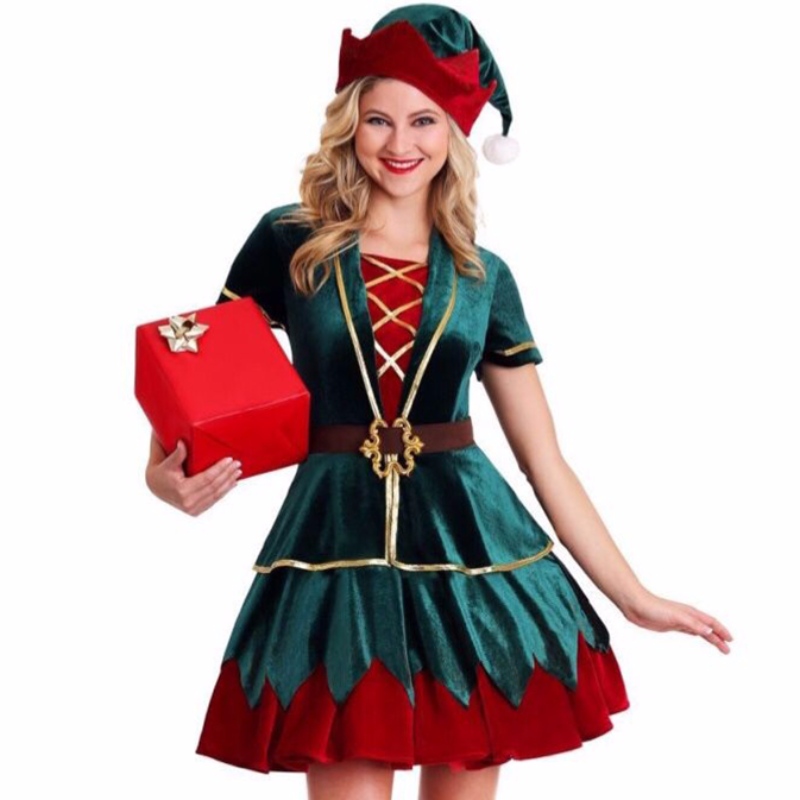 4pcs Deluxe julefest Velvet Mini kjole kostume med hat