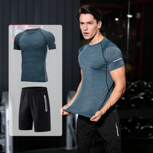 FDMM003-3 Mænds fitnessdragt, T-shirt + løse shorts + stramme bukser til løb