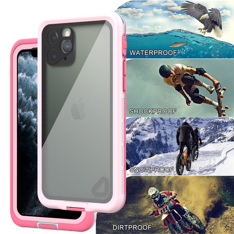 Iphone 11 pro livbeskyttet taske, vådtæt telefonpung, bedste vandtæt puch til iphone 11 pro (pink) med gennemsigtigt bagcover