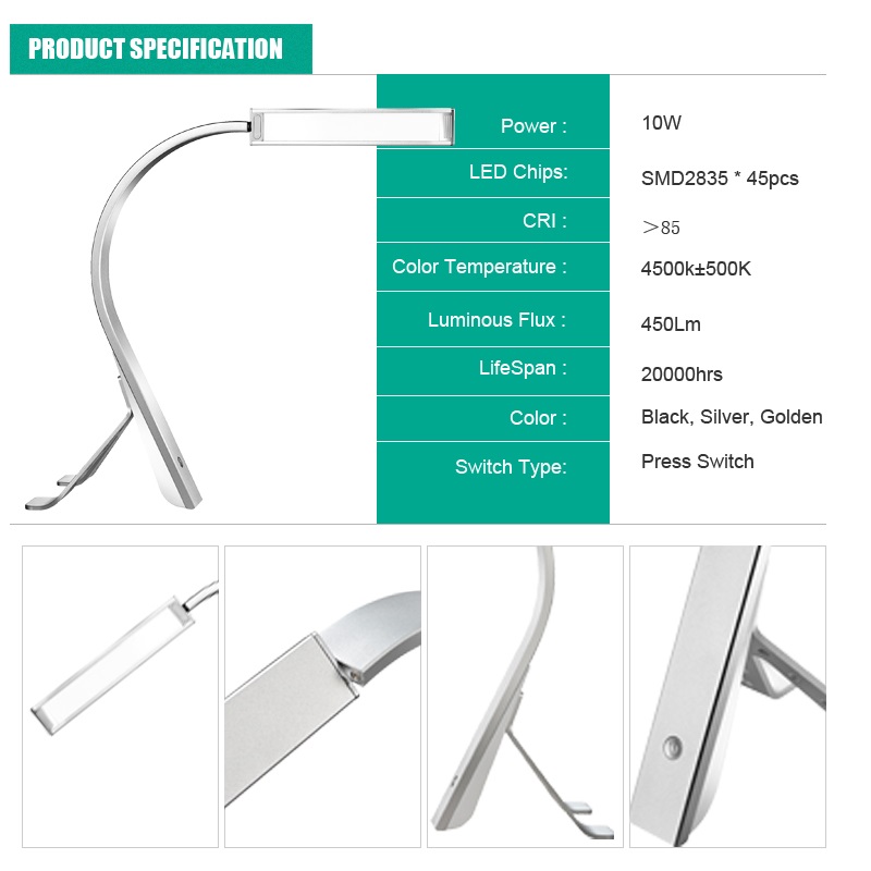 525 Touch Dimmable Clip on Table Lamp Silver LED Desk Lamp Metal Swing Arm LED Reading Light