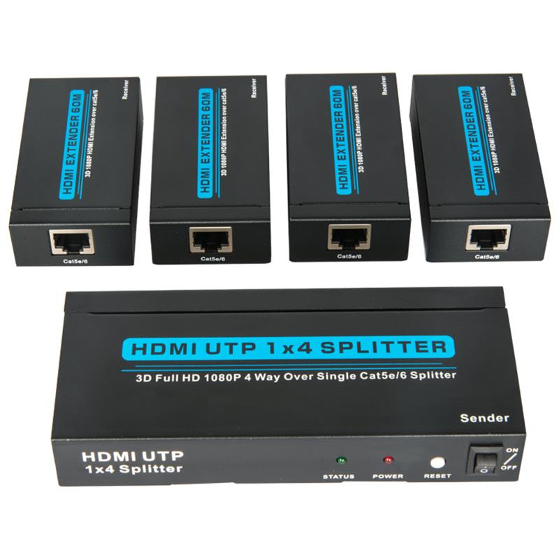 4 porte HDMI UTP 1x4 splitter over enkelt Cat5e \/ 6 Med 4 modtagere op til 60 m