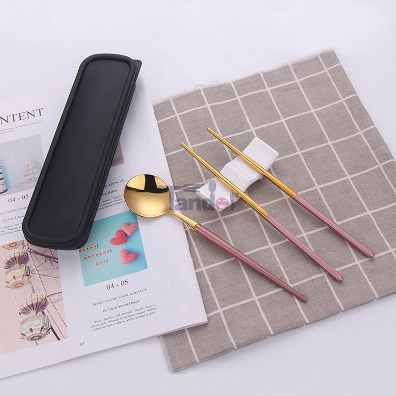 middag ske ske spisepinde pink guld picnic æske bestik sæt rejse