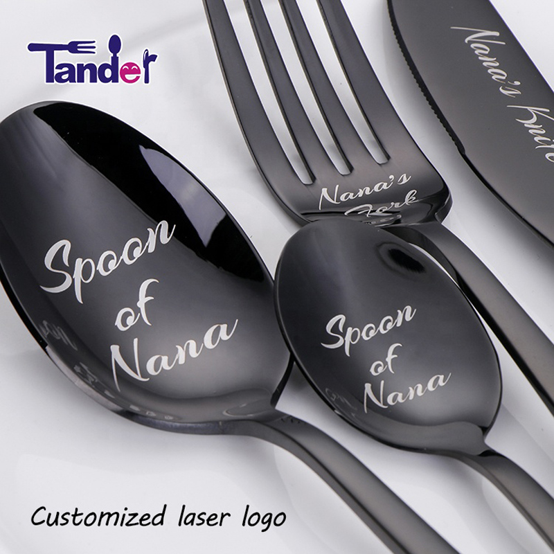Brugertilpasset Laser dit navn Logo Tekst på Stainless Steel Cutley Set Knife Fork Spoon