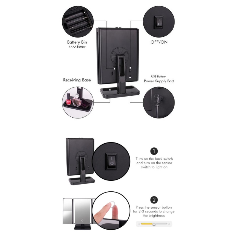BEALUXUR Tændt Trifold Makeup-spejl, LED-foldning 1X 2X 3X 10X Forstørrende Makeup-spejl Berøringsskærmskontakt, dobbelt strømforsyning, 180 graders rotation