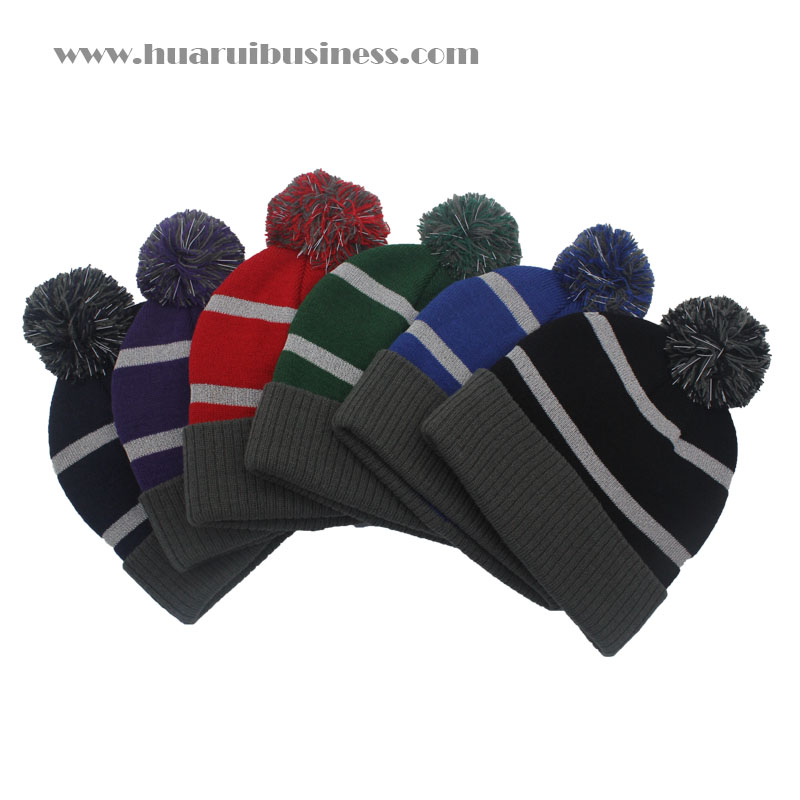 akryl hue med manchetter, hat, tuque, unisex, vinterhue med pom pom med reflekterende strimler