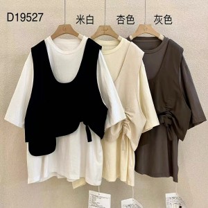 Løstsiddende design Minimalistisk rund krave stil Syet ærme stil Casual Ensfarvet bomuld og linned overdimensionerede 19527 T-shirts + Veste