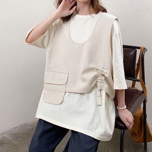 Løstsiddende design Minimalistisk rund krave stil Syet ærme stil Casual Ensfarvet bomuld og linned overdimensionerede 19527 T-shirts + Veste