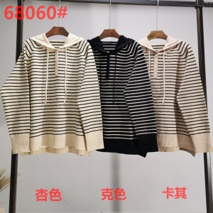 Fashionable Trend Simple Leisure Joker Foundation Knit Hoodie Striped Single Top 68060#