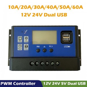 PWM Solar Charger Controller 60A 50A 40A 30A 20A 10A 12V 24V Batterioplader LCD Dual USB Solar Panel Regulator Max 50V PV input