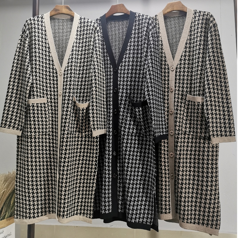 Fashionable Casual Joker Qianbirdcheck uld strikket lang cardigan coat 69069#