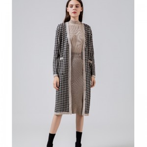 Fashionable Casual Joker Qianbirdcheck uld strikket lang cardigan coat 69069#