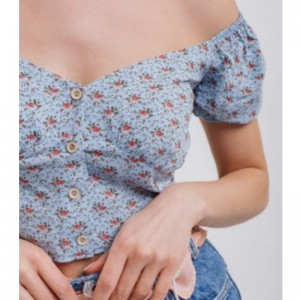 Off-the-shoulder blå blomster kort sommer skjorte