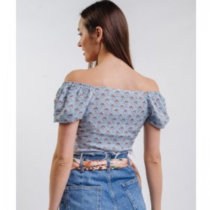 Off-the-shoulder blå blomster kort sommer skjorte