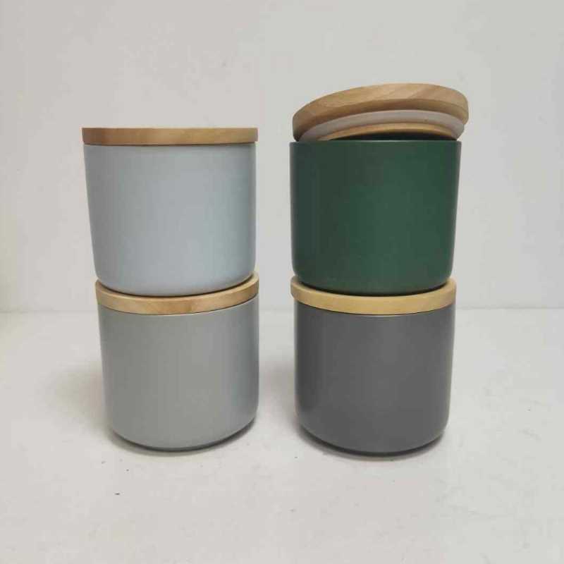Engros lille runde med træ låg keramisk stentøj opbevaring canister krukke