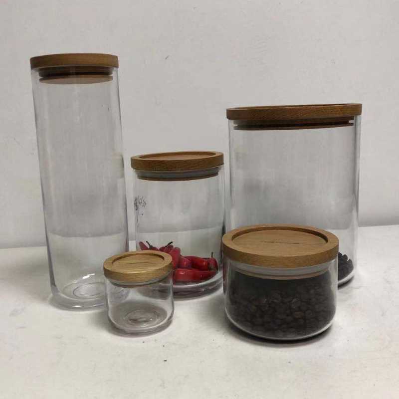 Clear Glass Food Storage Canister Jar Indsamling med lufttæt træ låg