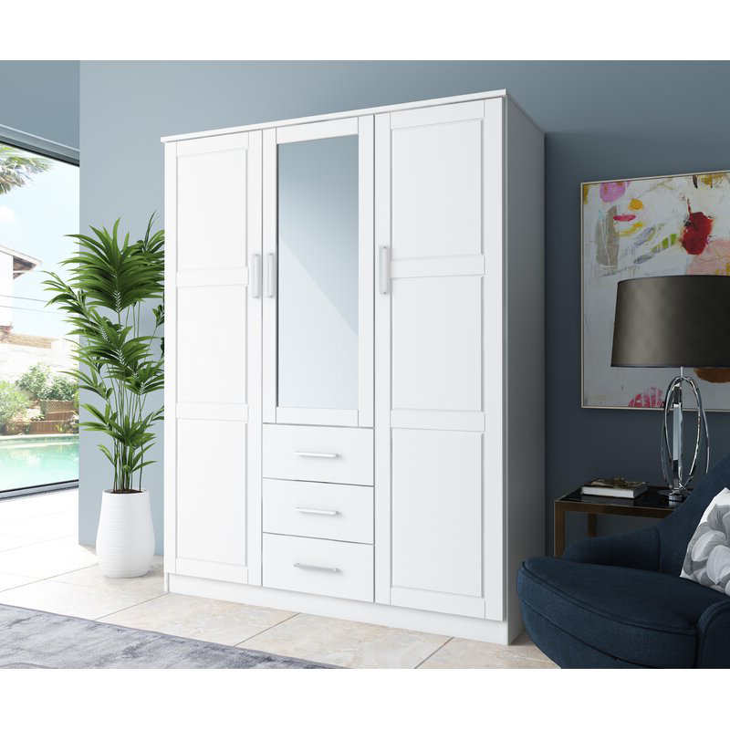 MWD22008-massivt træfamilie garderobe/closet/closet, 3-dørs skab med spejl og 3 skuffer, hvid.