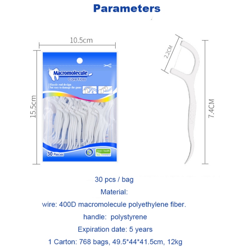 30 Picks High Quality Macromolecule Polyethylen Fiber Stock Engros OEM Privat label taske Dental Floss Pick