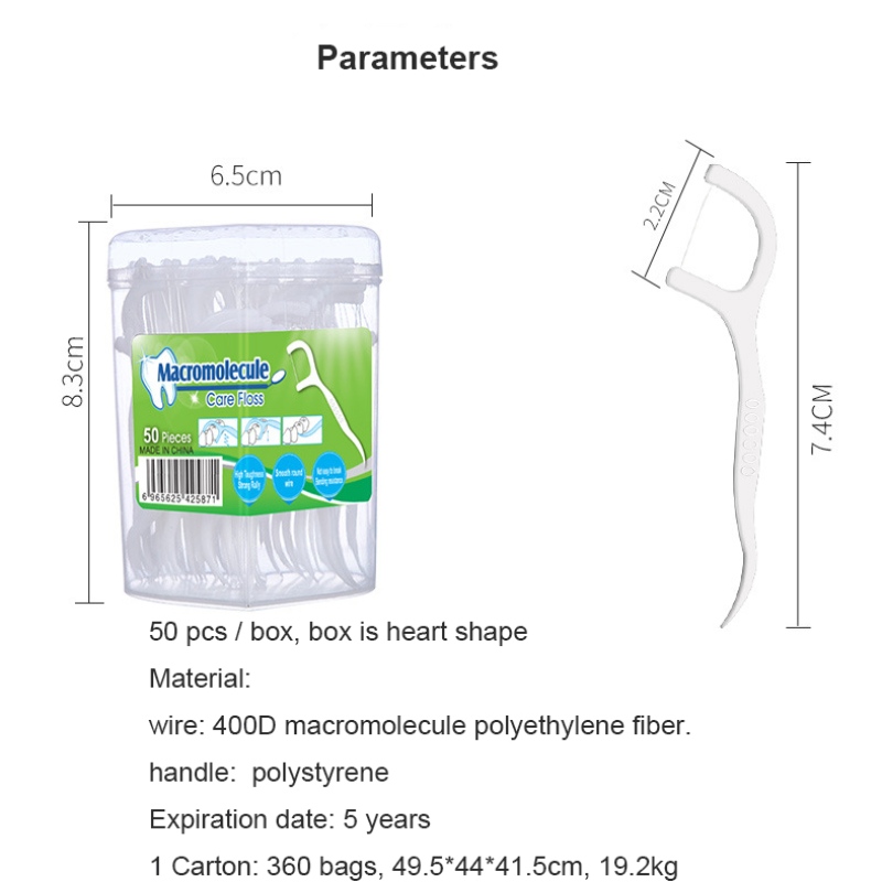 50 stk. Pakning hjerteformet boks OEM Disposable Natural Engros Billige Dental Floss Sticks Emballage Dental Floss