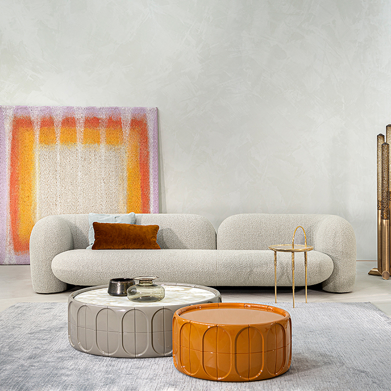 moderne minimalistisk grå glasfiber base stor rundenaturlige marmor top kaffeborde stue møbler