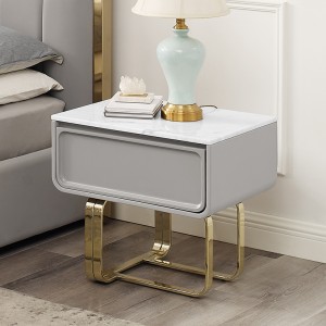 Fransk guld rustfrit stål bennatbord luksusnaturlig marmorbedning bord skab