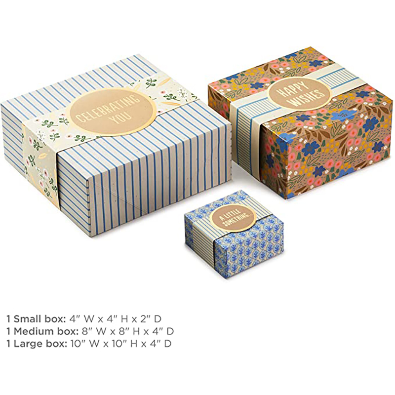 Hallmark-gaveæske med indpakningsbånd, forskellige størrelser (3-pakker: søde blomster og striber) til fødselsdage, brudebrusere, mors dag, bedste venner