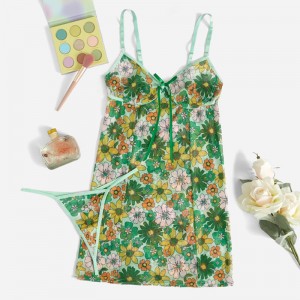 Spring Floral Print Cami Tie Bow Front Slip med sexet kontrast Thong