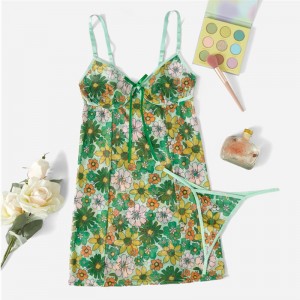 Spring Floral Print Cami Tie Bow Front Slip med sexet kontrast Thong