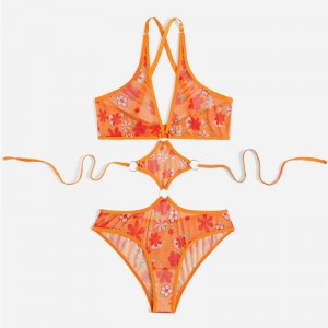 Blomsterprint Teddy Bodysuit Sexy Bandage Lingerie Set