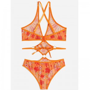 Blomsterprint Teddy Bodysuit Sexy Bandage Lingerie Set