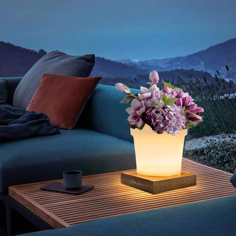 RGB Farveændring LED PLANT POT TABLE LAMP Touch Control, Moderne enkel PE -plastik blomsterpotte LED -bordlamper med fast træbase til stue/bedroom/office