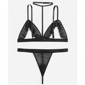 Sele cupless udskåret frill trim lingeri sæt med sexet mesh thong