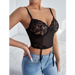 Solid kontrast Mesh Sheer Lace Cami Top med et par strømpebånd