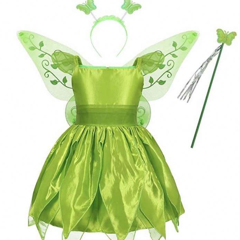 Toddler Kid Halloween cosplay fødselsdags tøj sæt dansende sommerfugl grøn fe wing tinker bell kjole 2-10t hctb-001