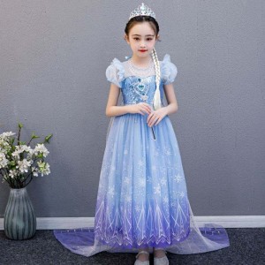 Baige 2021 New Blue Elsa Anna Girl Party Dress cosplay kjoler sammen prinsesse med håndlavet halskæde og lang kappe
