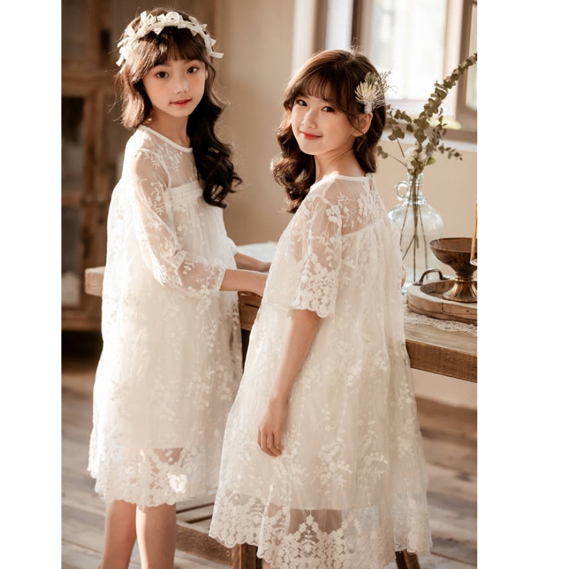 Ny sommerbomuldsnet garn blonder piger kjoler børnnederdel børn tøj 3-14 år gammel hvid prinsesse kjole