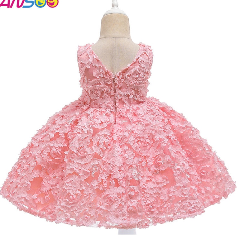 Ansoo 3 farver Fabrikstilpasning Rose First Birthday Dress Kilde Baby Girl Flower Princess Bridal Pink kjoler til børn