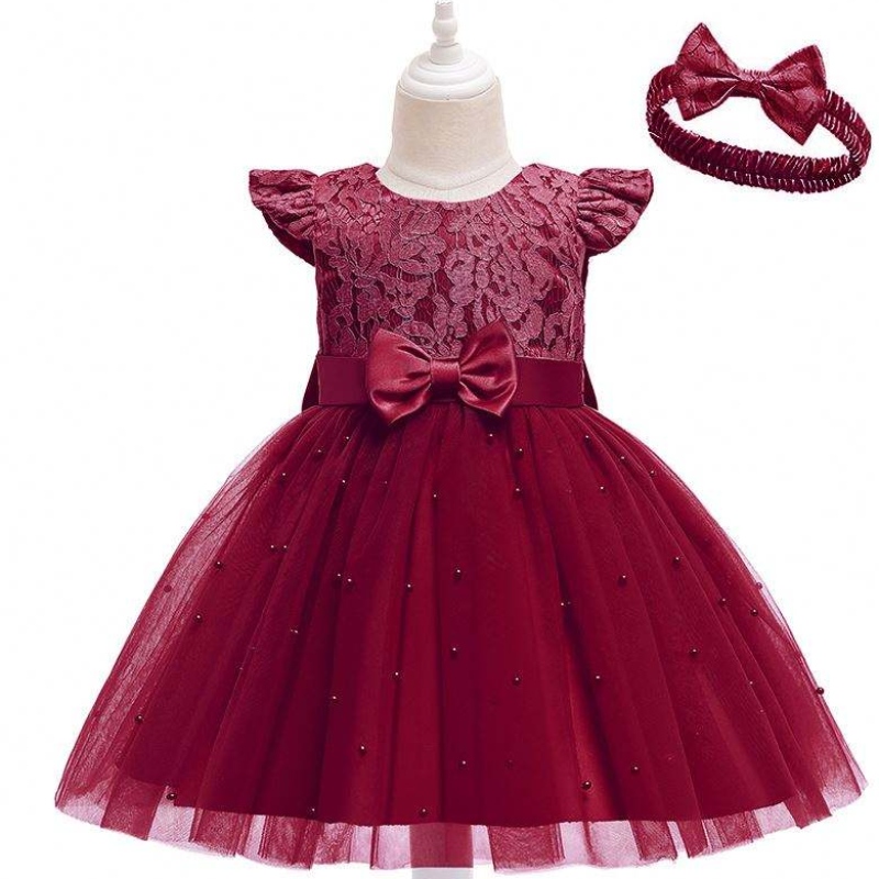 Baige Hot Sale Red Kids tøjpiger kjoler fest fødselsdagsfest kjole med pandebånd D0761