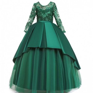 Babypiger i høj kvalitet Fest Frock Kids Evening Party Kjoler Blonder Langærmet maxi kjole LP-233