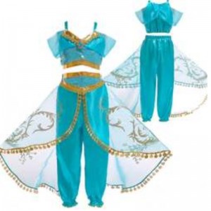 Baige Aladdin Cosplay Princess Jasmine Costume Girls Tops and Pants tøjsæt med parykker BX1625